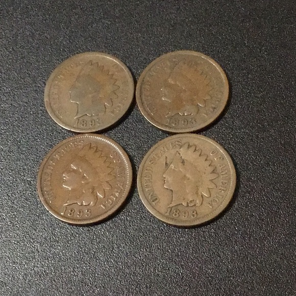 4 VINTAGE 1893 INDIAN HEAD PENNY COINS